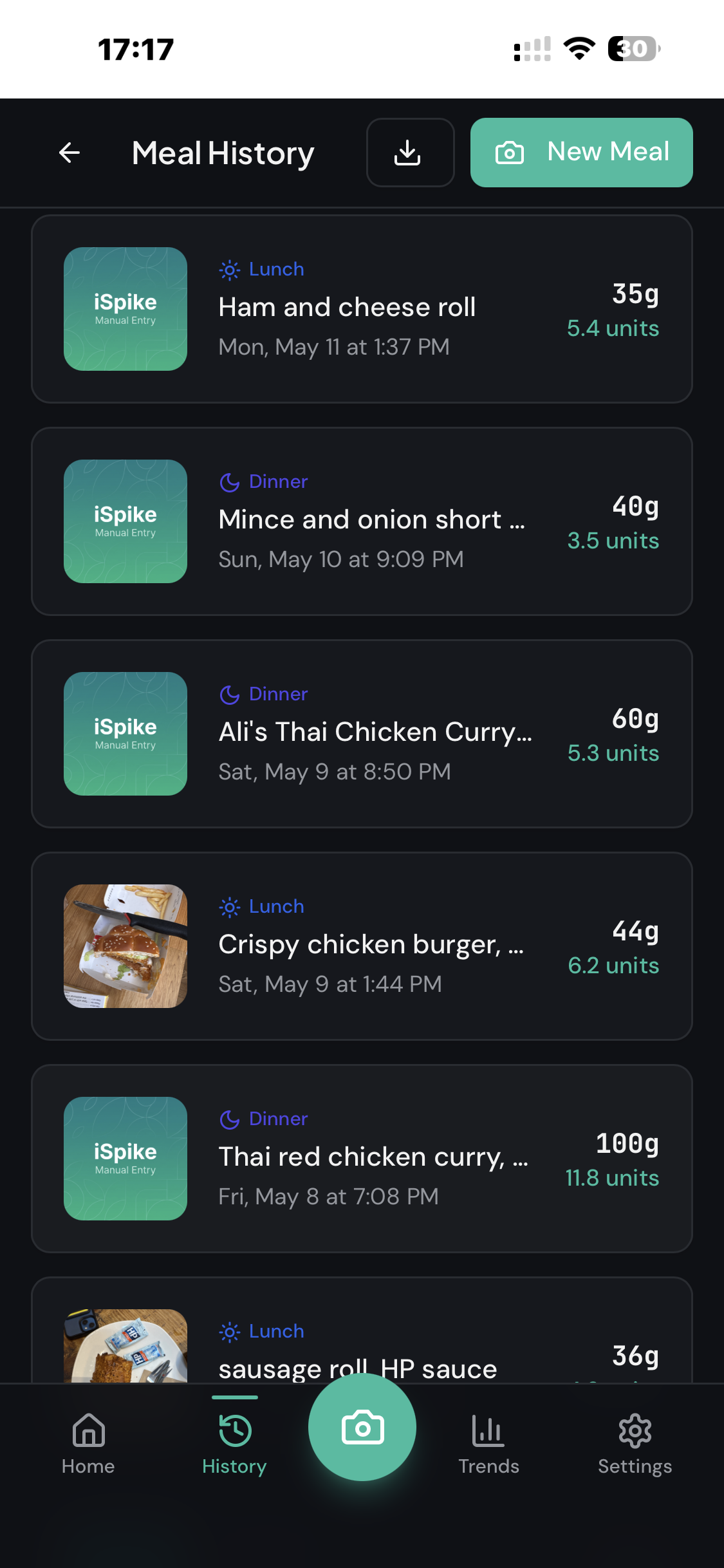 iSpike meal history