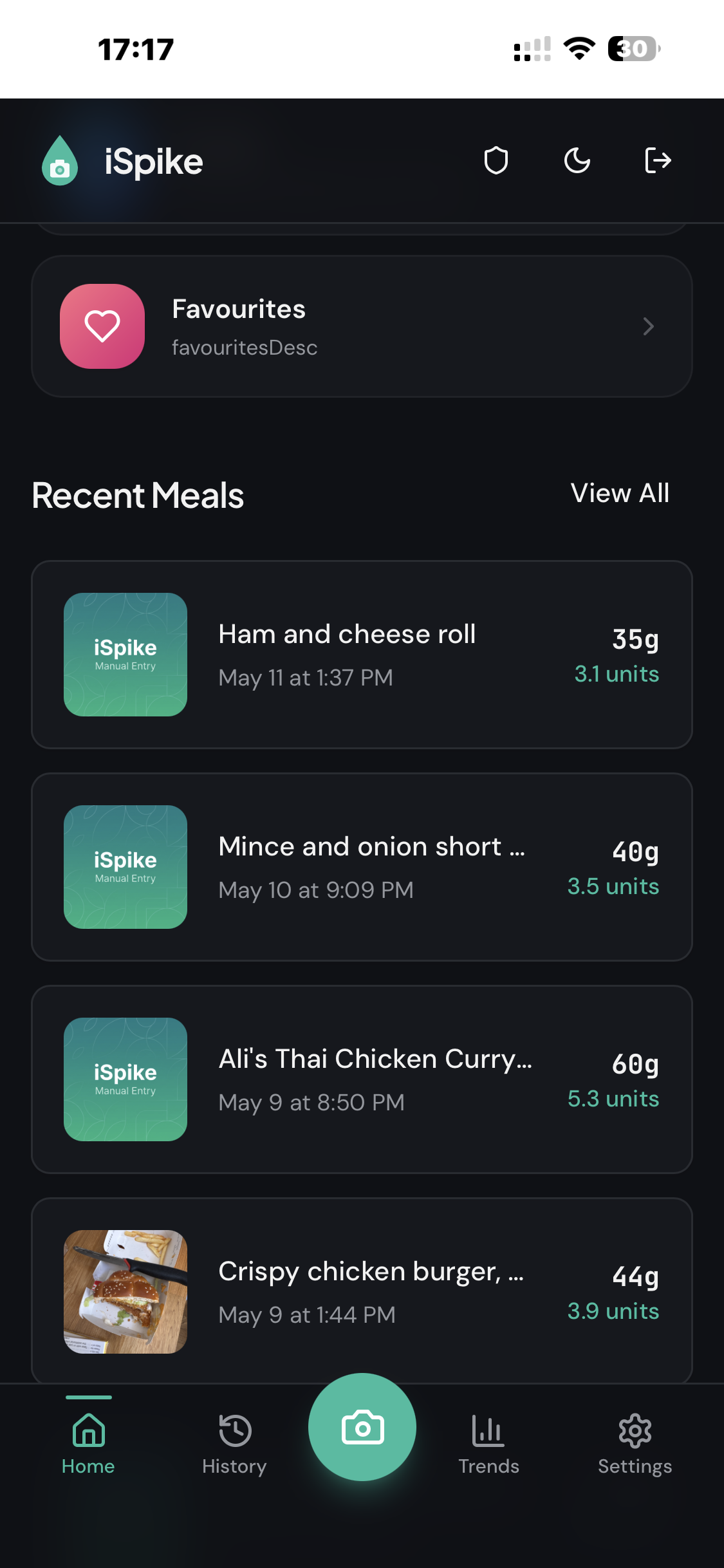 iSpike comfort foods and recent meals