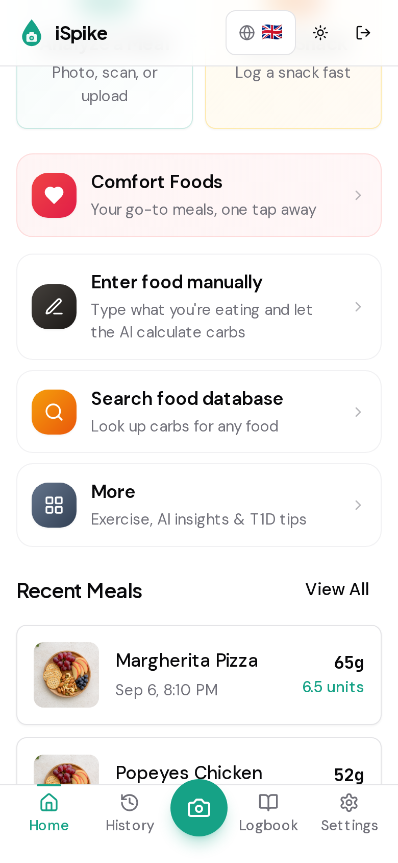 iSpike action cards and recent meals