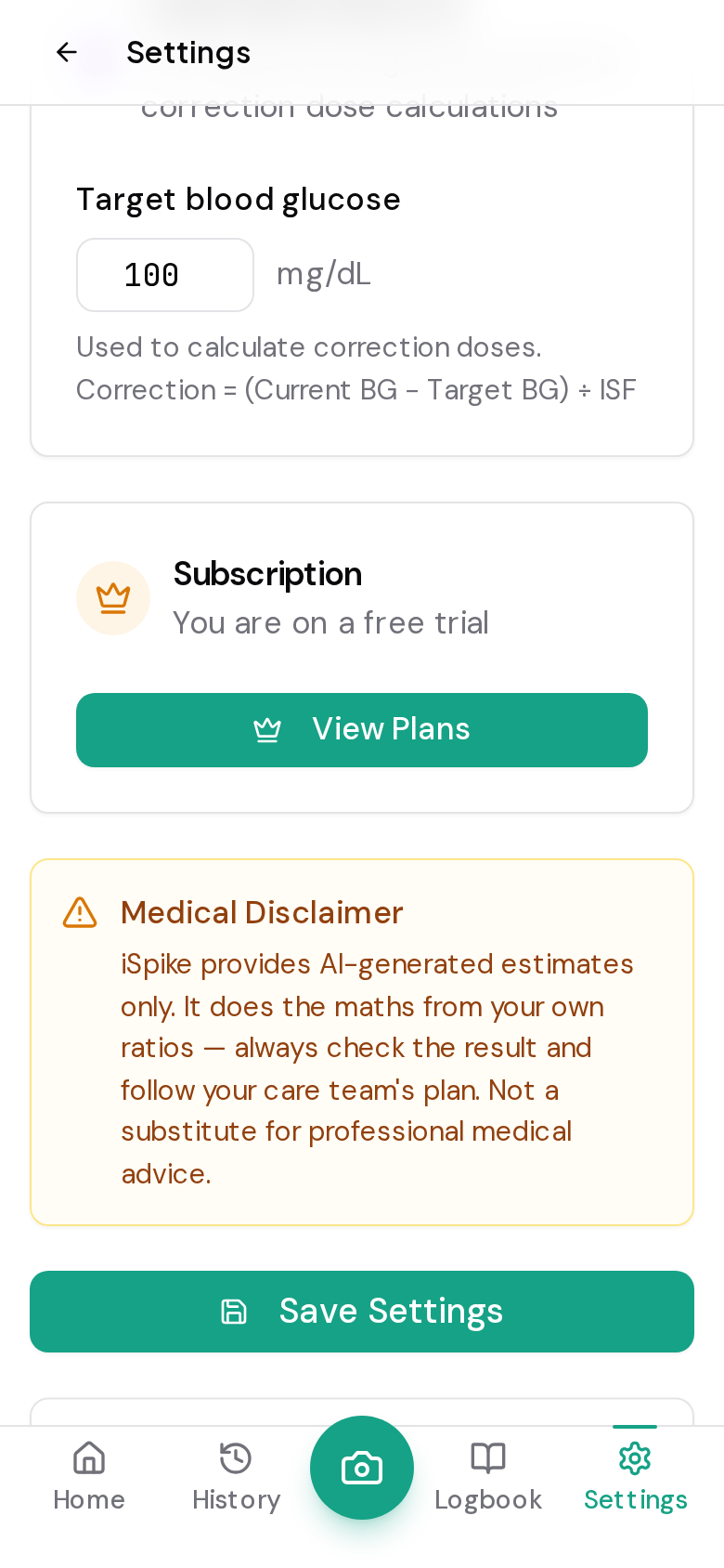 iSpike insulin type and action time settings